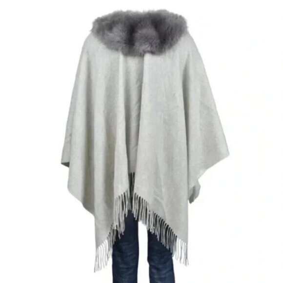 J.Crew Faux-Shearling  Wool Light Gray Poncho Cape One Size - Picture 8 of 9
